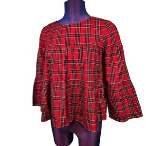 Madewell Red & Navy Plaid Flannel Tiered‎ Button Back Top Size XS Women's D2
